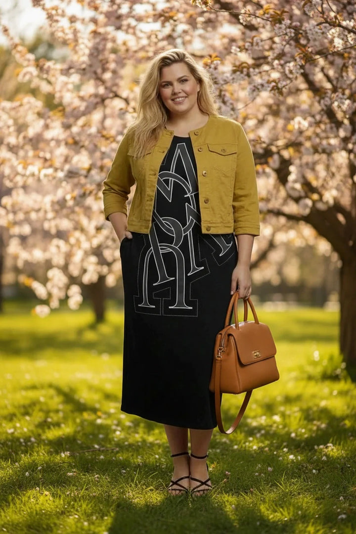 Plus size pamučna haljina s prorezima i printom od kamenčića