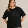 Plus size pamučna bluza s kamenčićima – crna