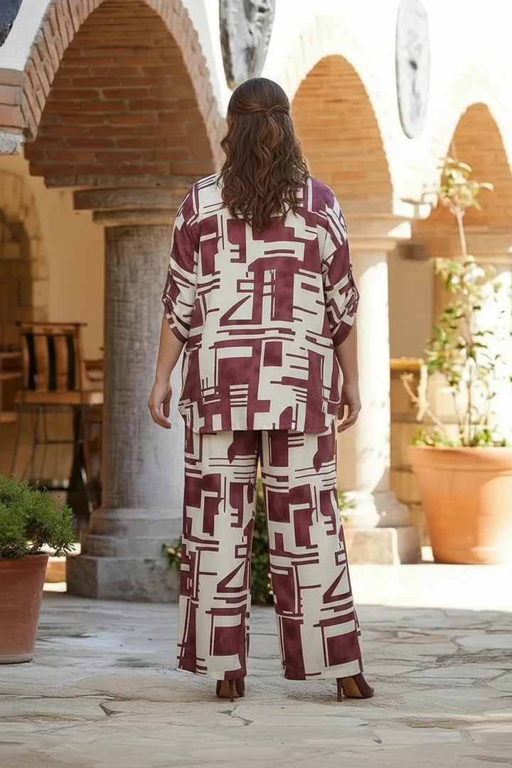 Elegantni figurativni set od viskoze – ekru/bordo