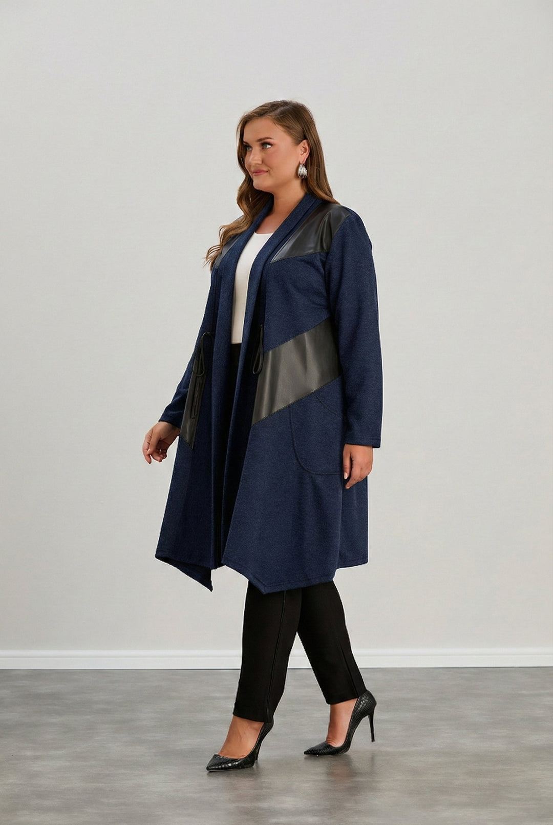 Dugi kardigan s eko-kožnim detaljima - Tamno plava