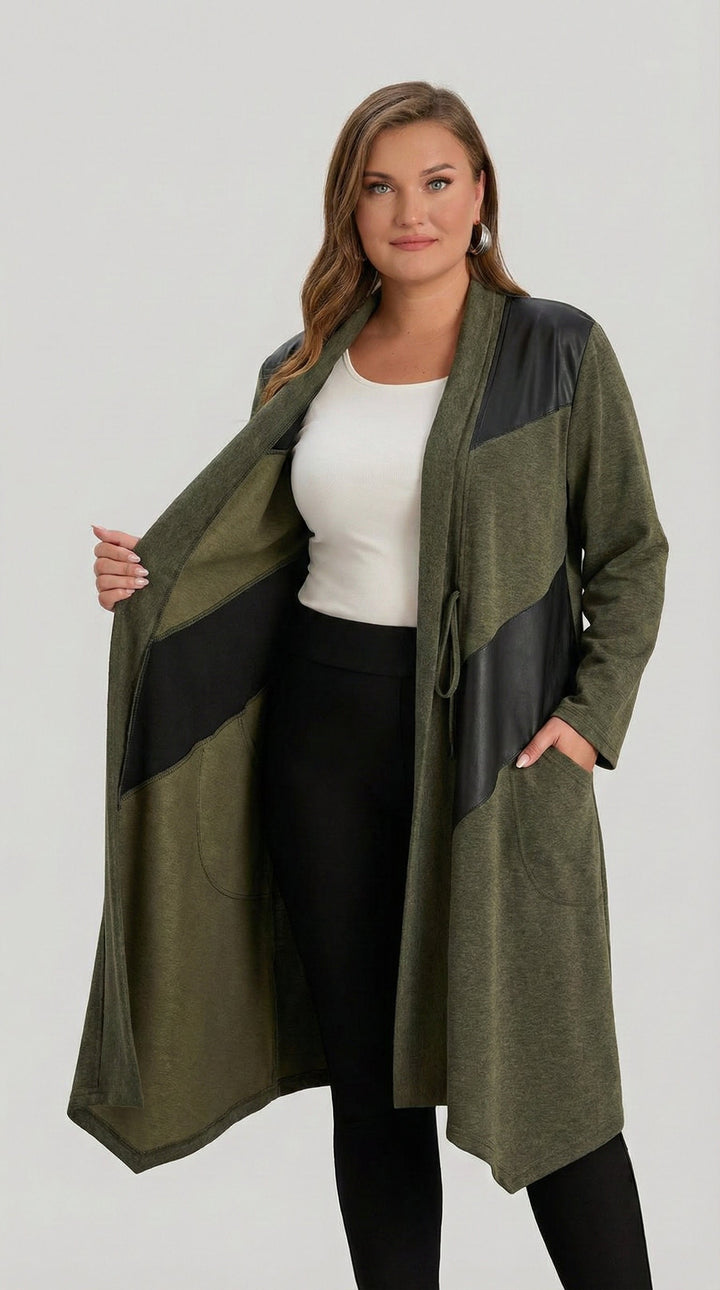 Dugi kardigan s eko-kožnim detaljima - Kaki