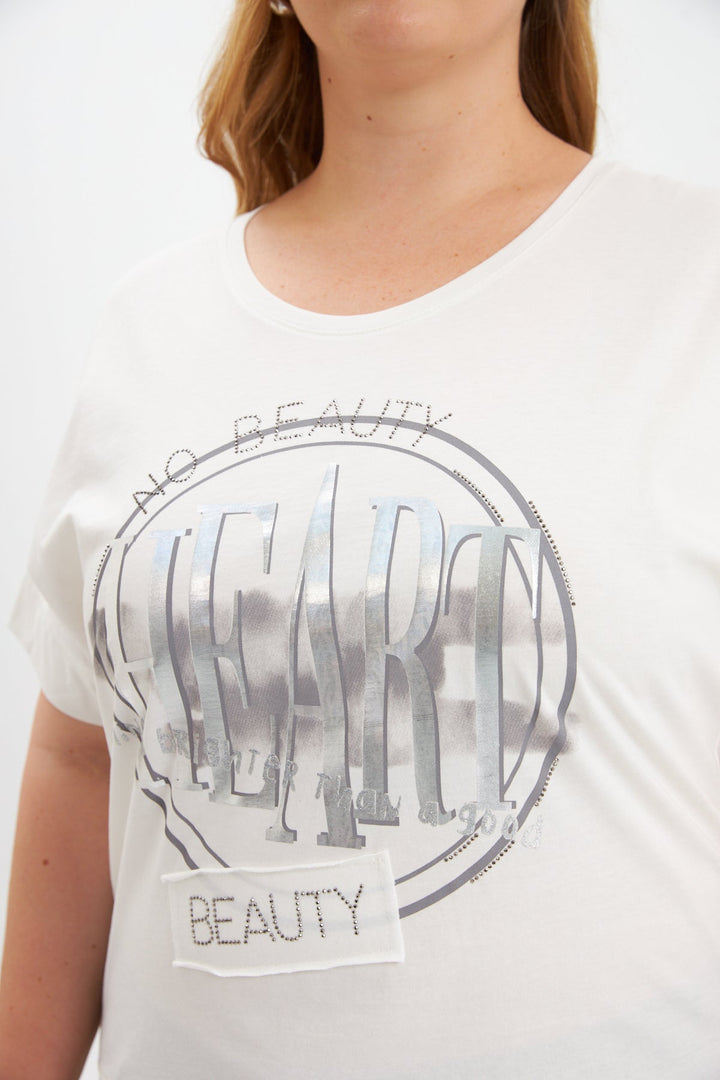 Majica s printom i ukrasnim kamenčićima HEART - Bež