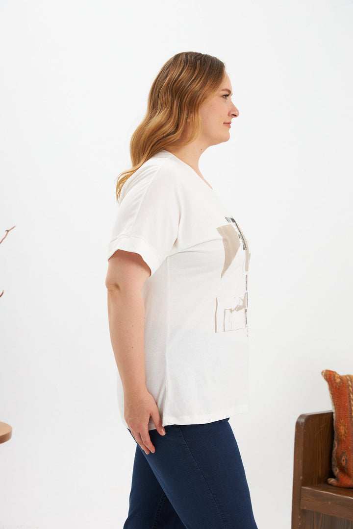 Majica s printom i ukrasnim kamenčićima - Bež