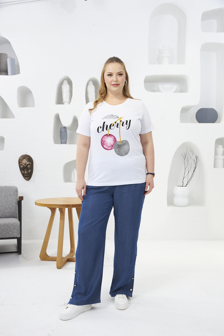 Pamučna majica s kamenčićima Cherry - Bijela