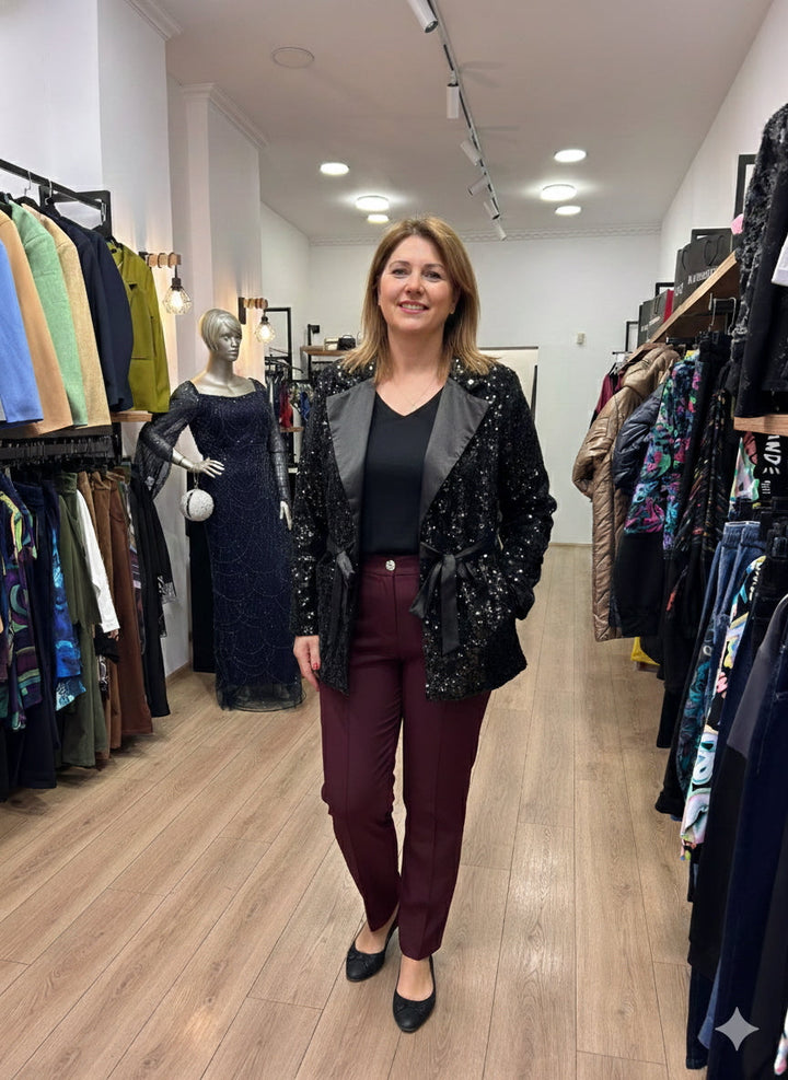 Široke elastične pamuk hlače s rubom u bordo boji