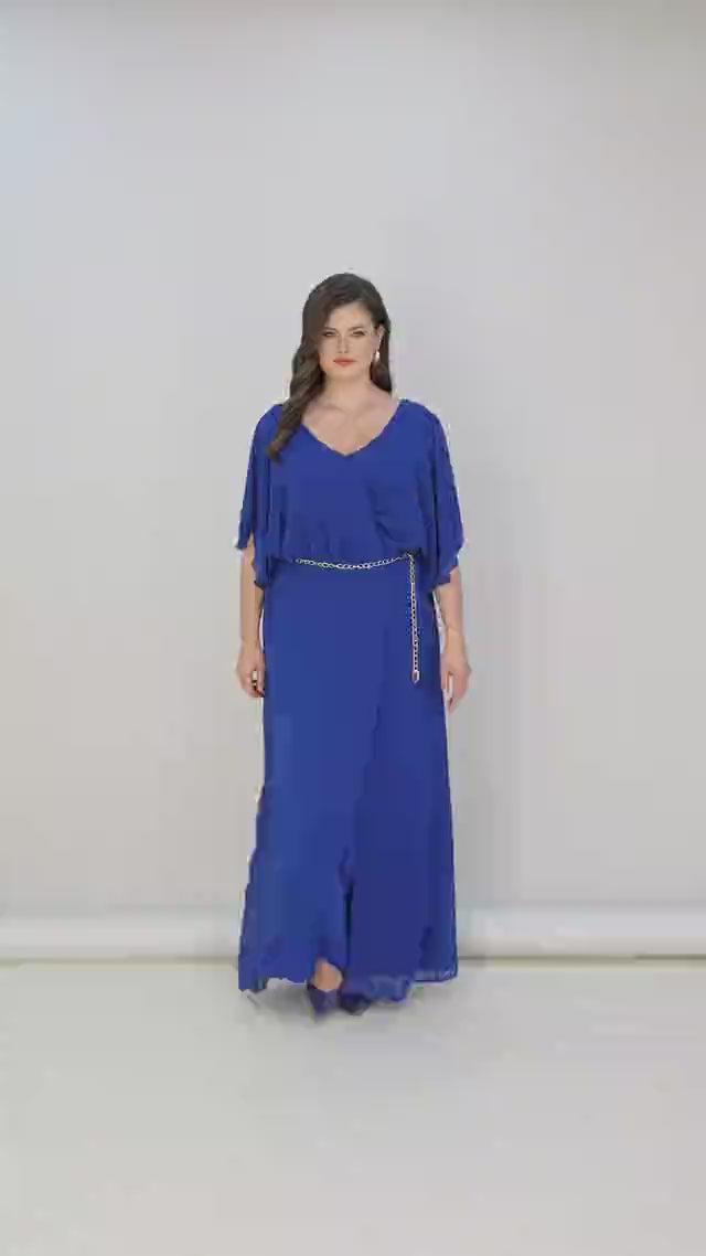 Plavi šifonski kombinezon s lančić remenom – Veći brojevi