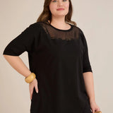 Pamučna bluza s mrežicom i vezom - crna