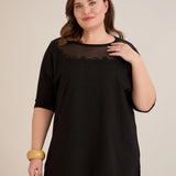 Pamučna bluza s mrežicom i vezom - crna
