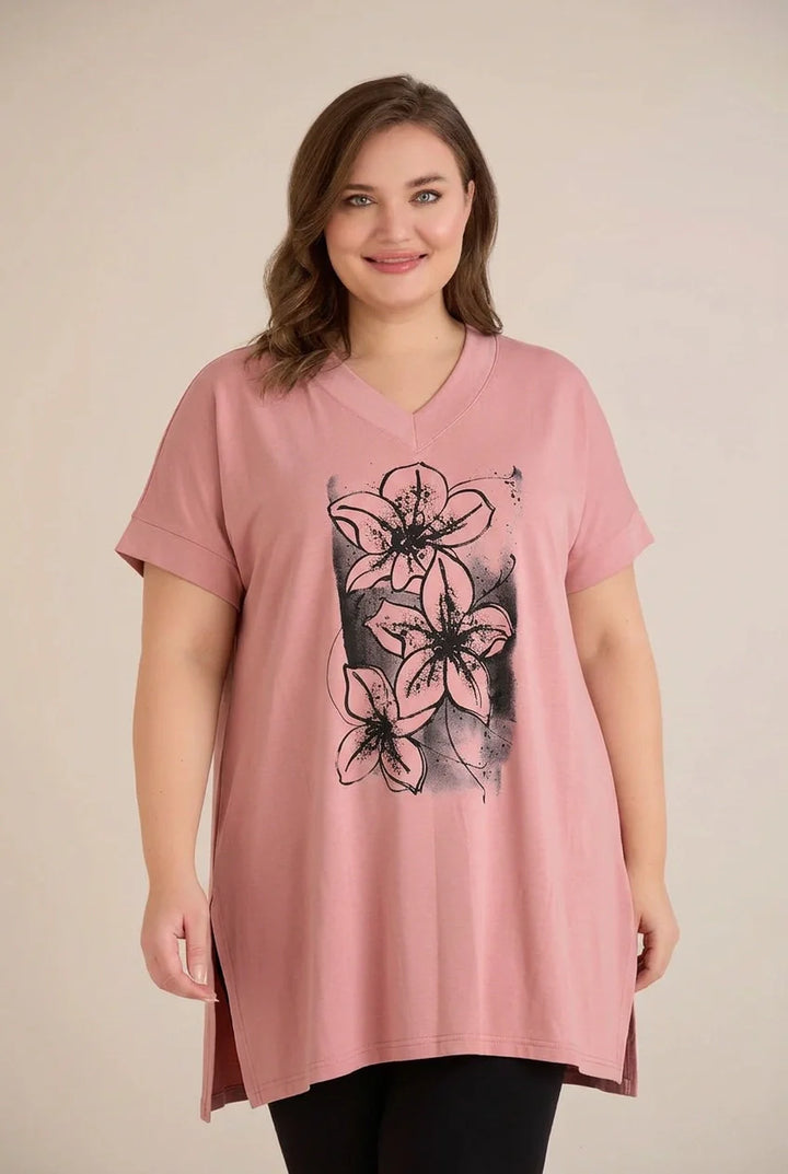 Pamučna plus size tunika s V-izrezom i printom – roza